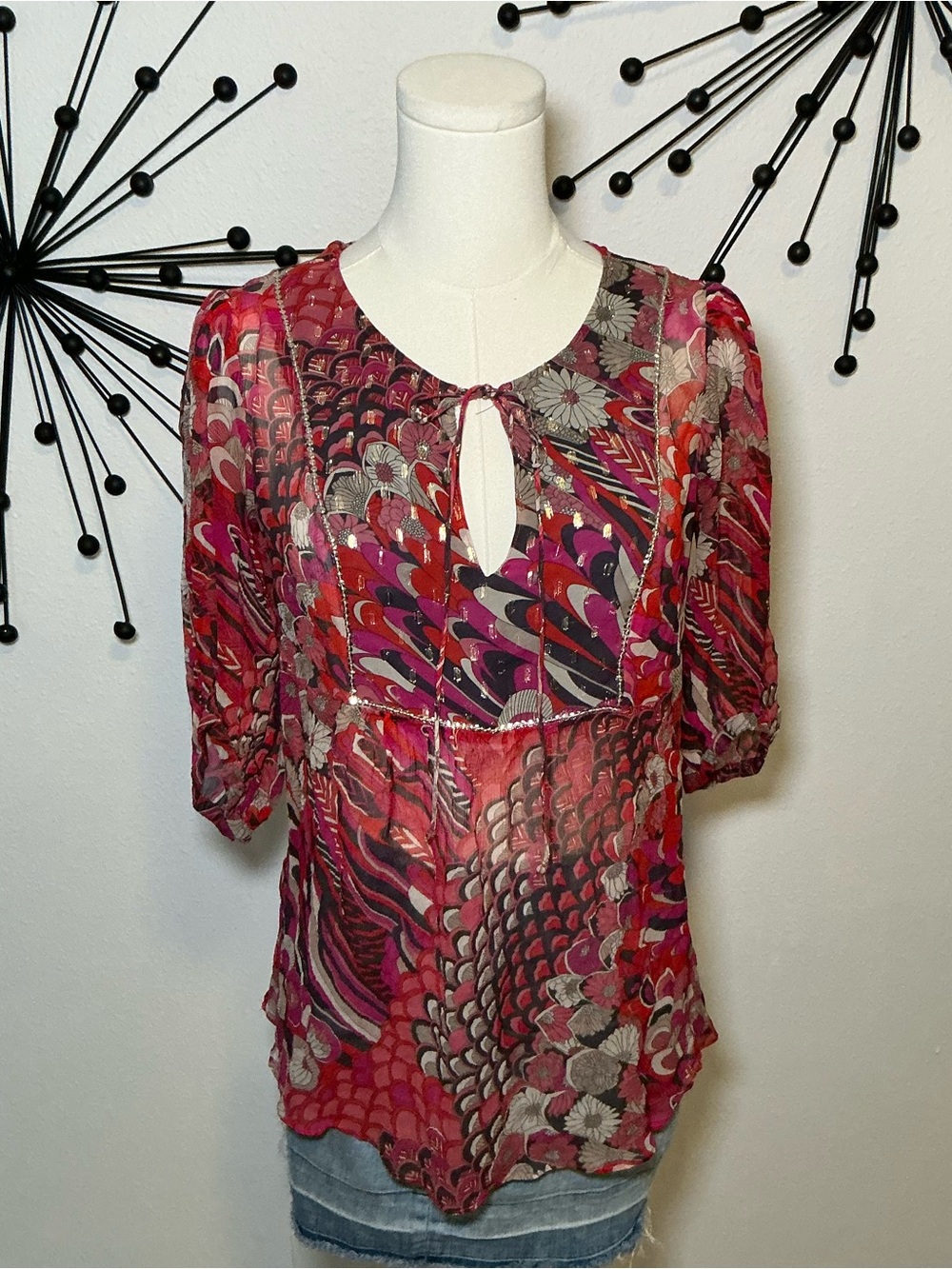 Monsoon Sheer Boho Psychedelic Print Blouse US 8